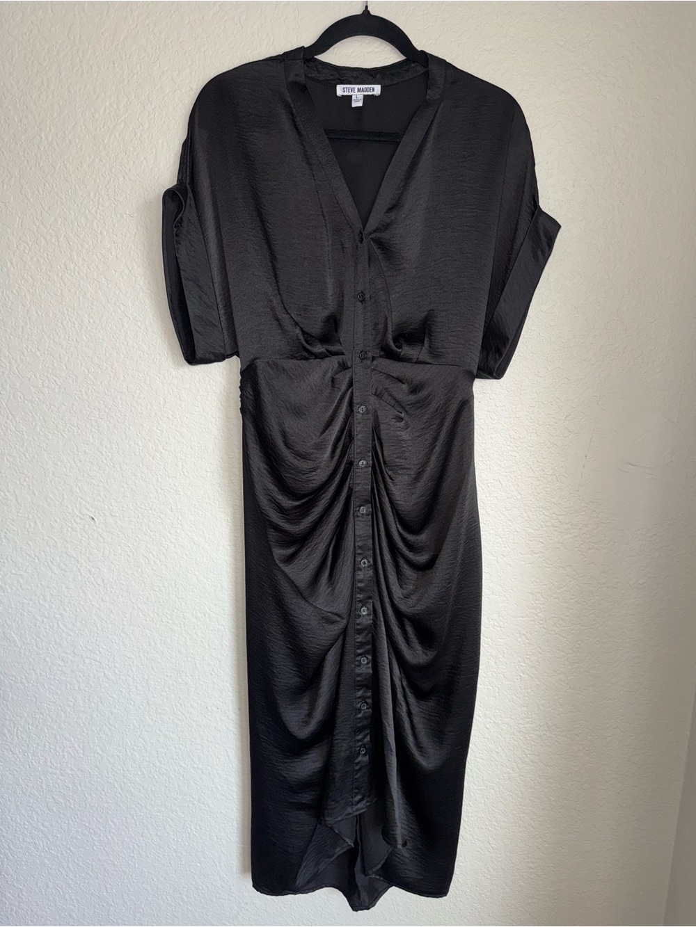 Steve Madden Black Button-Front Ruched Midi Dress
